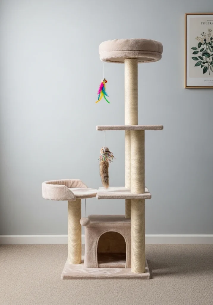 Multi-Level Cat Trees With Integrated Scratching and Toys